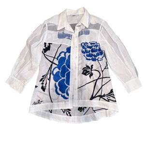Didier Parakian Womens Medium Blouse Blue White Floral Sheer Cotton Voile